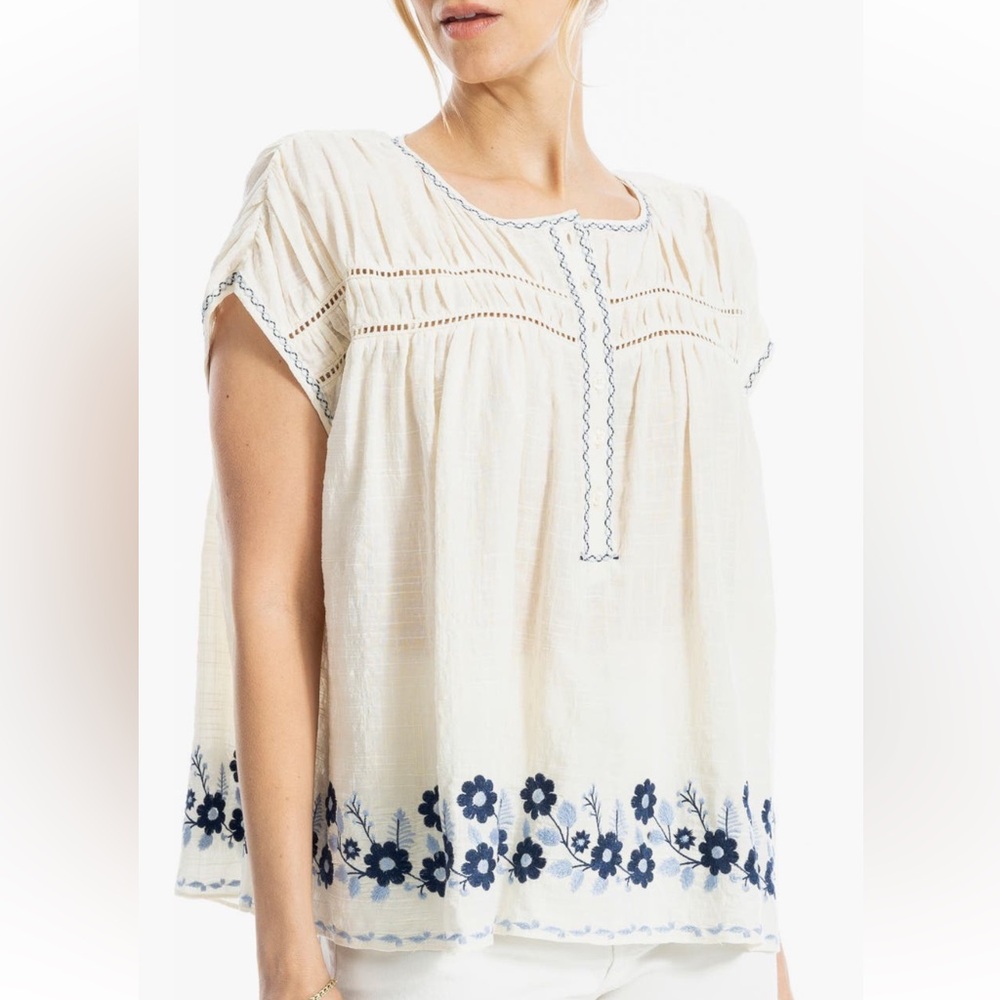 🧵2/$60🧵 MAX STUDIO “linen” sleeveless embroidered half-button floral top